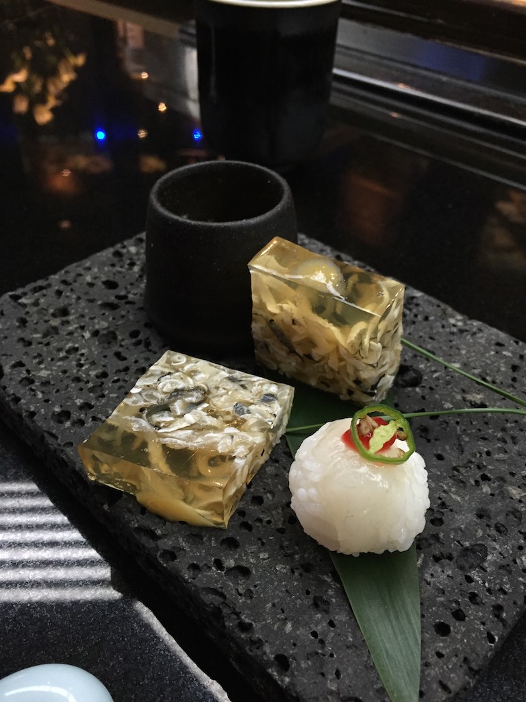 Otoushi - Globefish Skin Jelly with Miso and Sushi, Fresh Beancurd Skin with Fugu Mirin Bishi, Hazelnuts (Fugu Set)