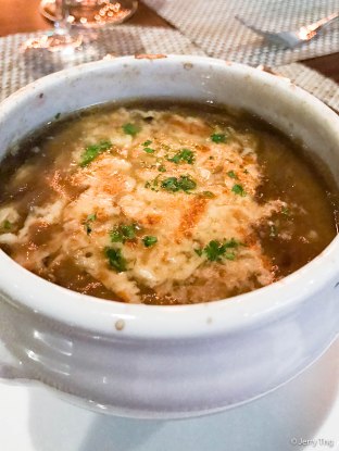Three cheese roasted onion soup
